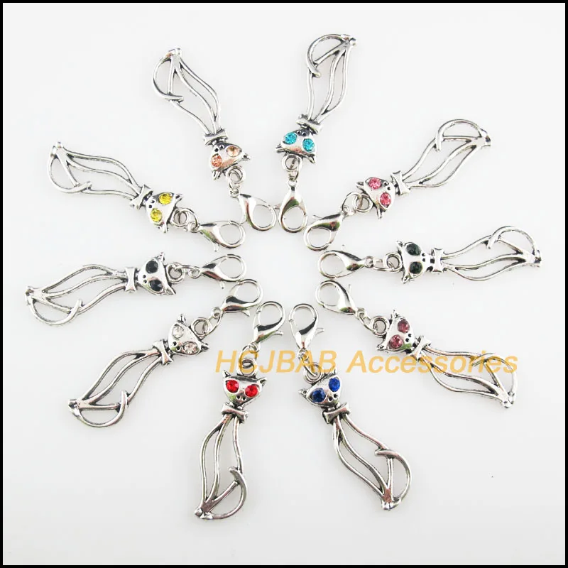 

10Pcs Tibetan Silver Tone Cat Retro Mixed Round Crystal 12x34mm With Lobster Claw Clasps Charms