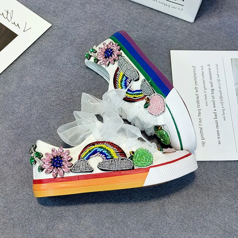 Handmade Fashion 2021 Spring Rainbow Platform Women Sneakers Flower Crystal Wedding Flats Ribbon Rhinestones Casual Canvas Shoes