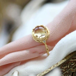 Natural Yellow Citrine Quartz Adjustable Ring Round 925 Silver Woman Man 8x8mm Clear Bead Wealthy Stone AAAAA