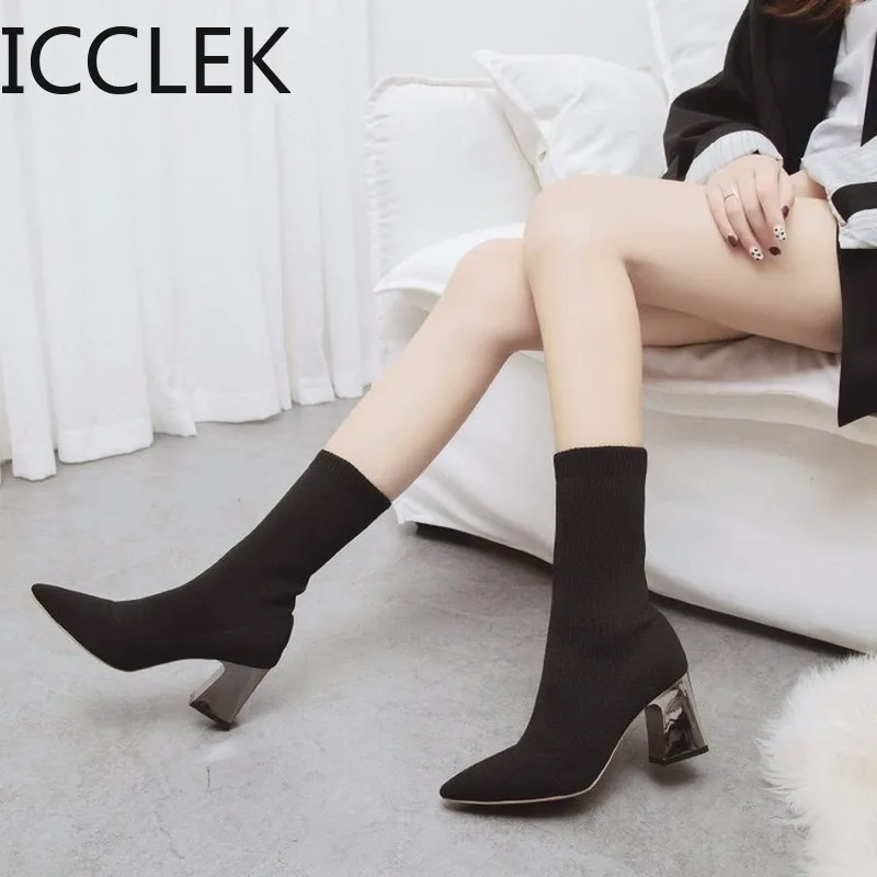 Women\'s Boots Pointed Toe Yarn Elastic Ankle Boots Thick Heel High Heels Shoes Woman Female Socks Boots winter