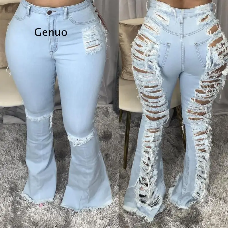 New 2021 Women Hole Jeans Back Fringe Hollow Out Ruffle Denim Pants Women Sexy Ripped Flare Trouser Street Slim High Waist Jeans