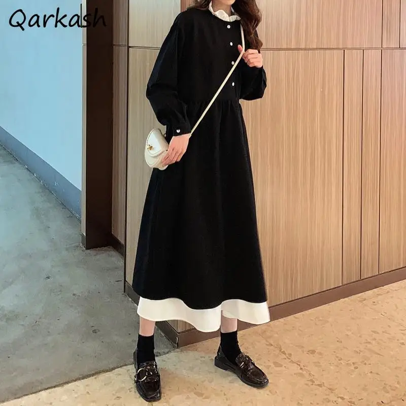 

Dress Women Mid-calf Patchwork Design Autumn Leisure Korean Style Sweet Mujer Simple Tender Vestidos Loose Lovely Pregnant New