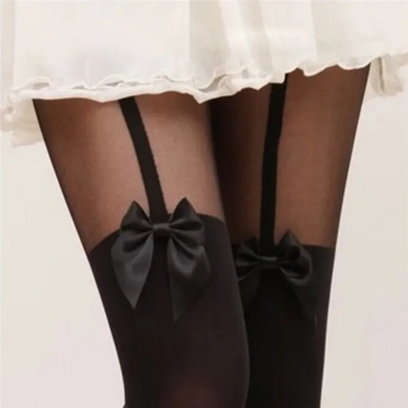 Sexy Woman Bow Pantyhose Tattoo Mock Bow Collant Sexy Stockings Conservative Vintage Tights For Girls Women