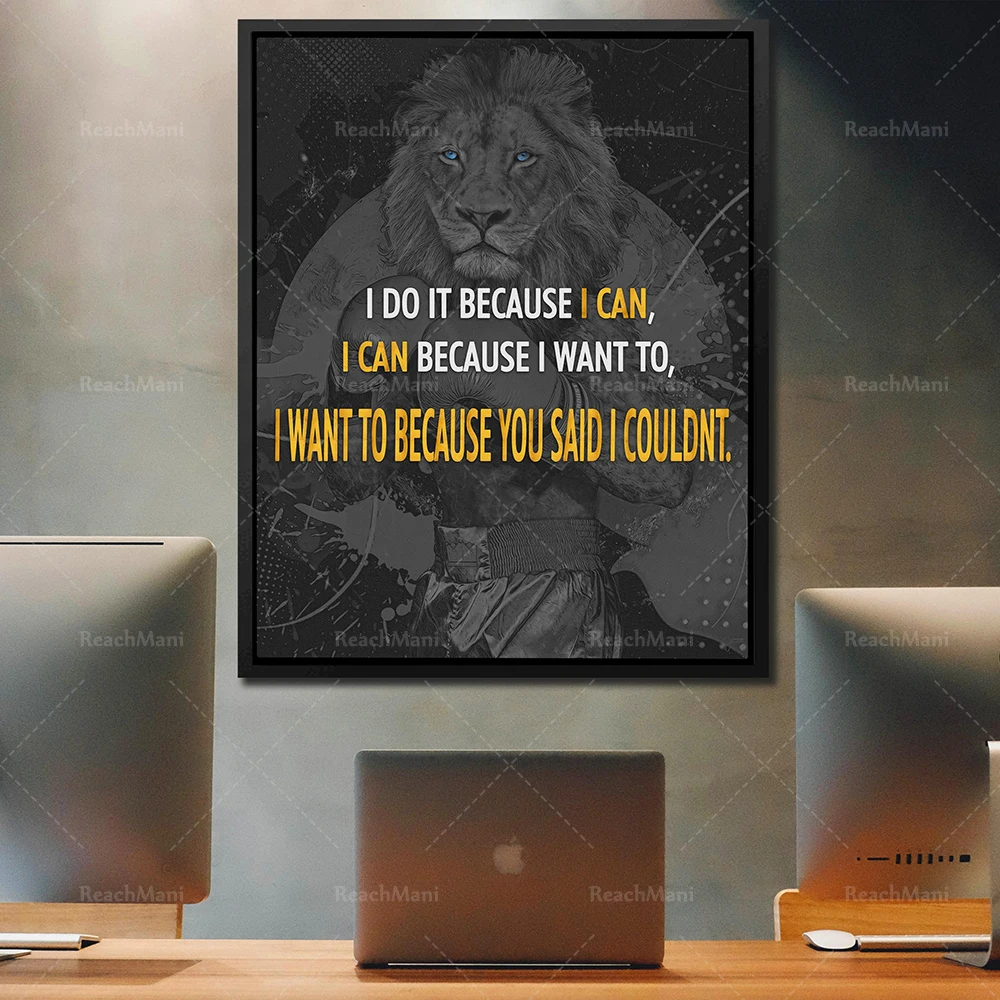 Lion Inspirational Canvas Wall Art | Inspirational Boxing Lion Noir et Blanc Artwork | Decorative Mural Poster for Successful Of