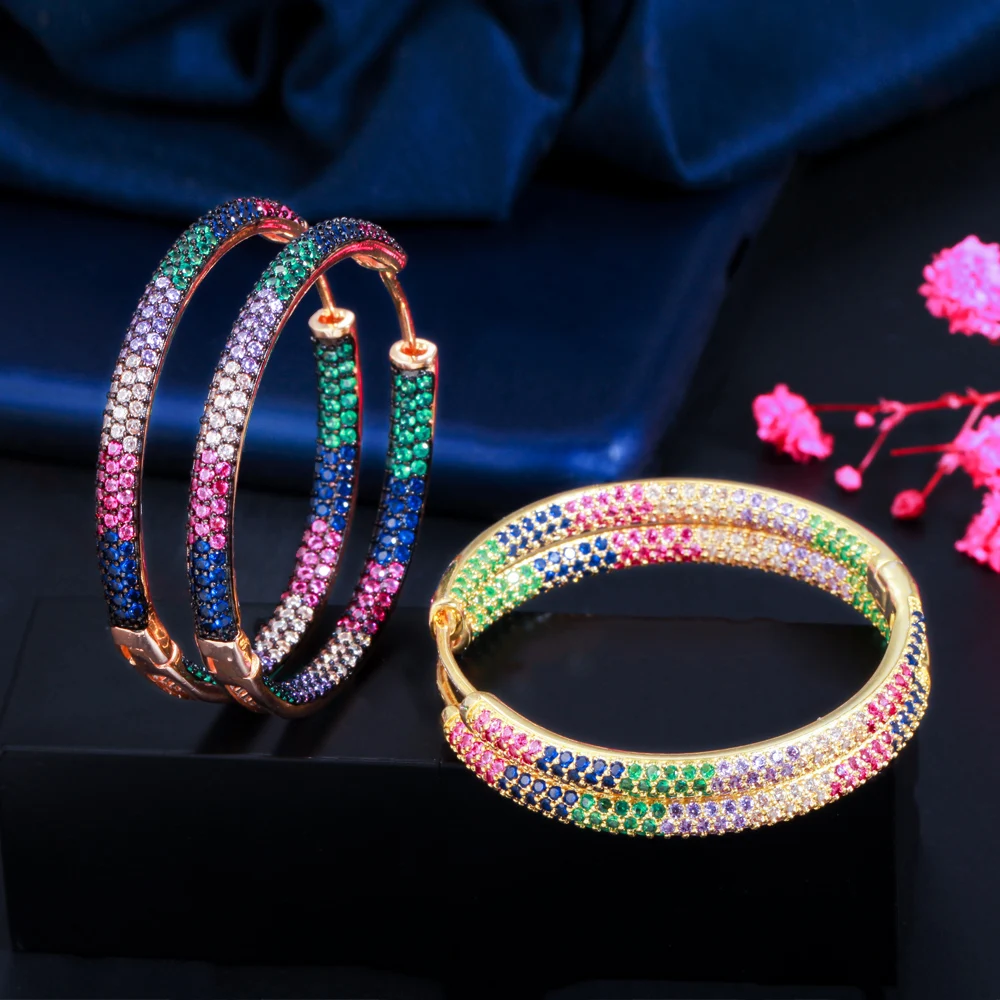 CWWZircons Trendige zweifarbige Regenbogen-Zirkon-Kreis-Creolen für Damen, Schmuck, Hip-Hop, Pendientes Mujer, Großhandel E0440 – Detail 8