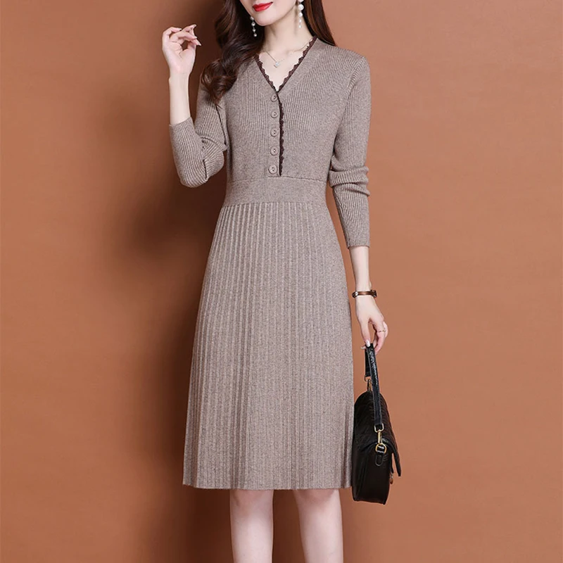 Women's Knitted Long Sleeve Sweater Dress, Slim Bodycon, Korean Elegant, Fall, Winter Button, V Neck, Midi Pleated Dress, 130,