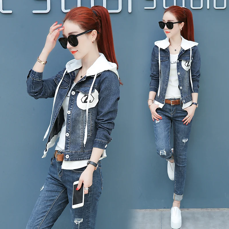 Women\'s Denim Jacket Long-sleeved Spring 2020 New Short Hooded Fake Two Coat Casual Jacket Women\'s Clothing Female Coat