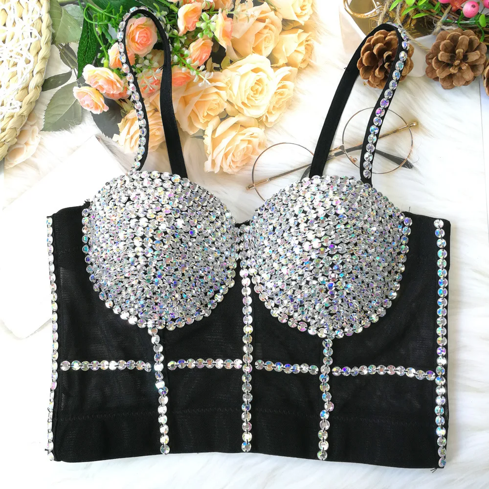 Cupnaya Multi-Color Diamantes Women Sexy Push Up Crop Top Shiny Corset Bustier Camisole Nightclub Dance Camgirl Vest Black Nude