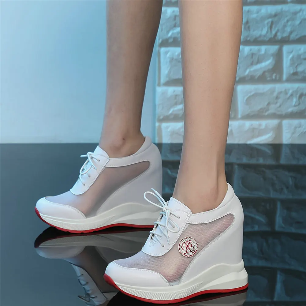 

Casual Shoes Women Lace Up Genuine Leather Wedges High Heel Ankle Boots Female Round Toe Fashion Sneakers Breathable Pumps Shoes