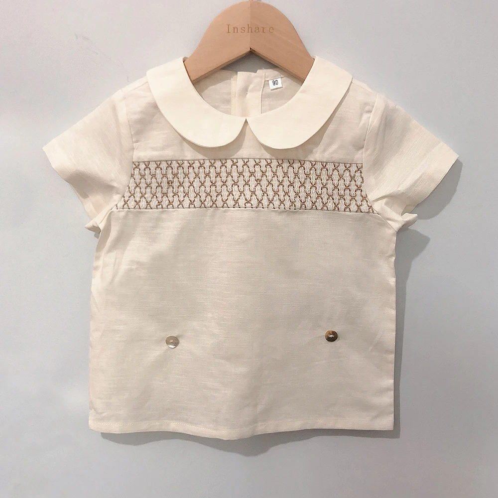 2Pcs Children Boutique Clothing Boy Spanish Smocking Set Cotton Linen Summer Short Sleeves Suit Toddler BABI Outfit Breathable