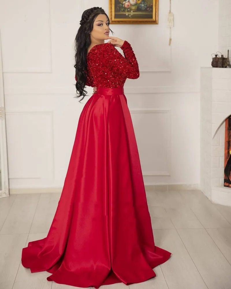 Vestidos de noche rojo árabe sexi, sirena con cuello en V, mangas largas, falda de satén con lentejuelas, abertura lateral, Formal, para celebraciones, bodas y fiestas