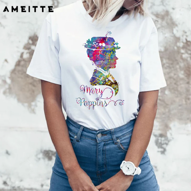 AMEITTE Summer Tops Watercolor Mary Poppins Portrait T Shirts Women's Fashion All-match Female White Tee Shirt