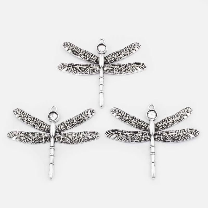 3PCS Tibetan Silver Large Dragonfly Insect Charms with 8mm Round Blank Tray Cabochon Settings Pendant for Jewelry Findings
