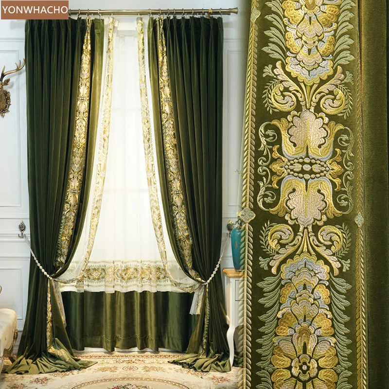 Custom curtains Retro curtain dark green American embroidery velvet bedroom upscale  cloth blackout curtain tulle drape B805