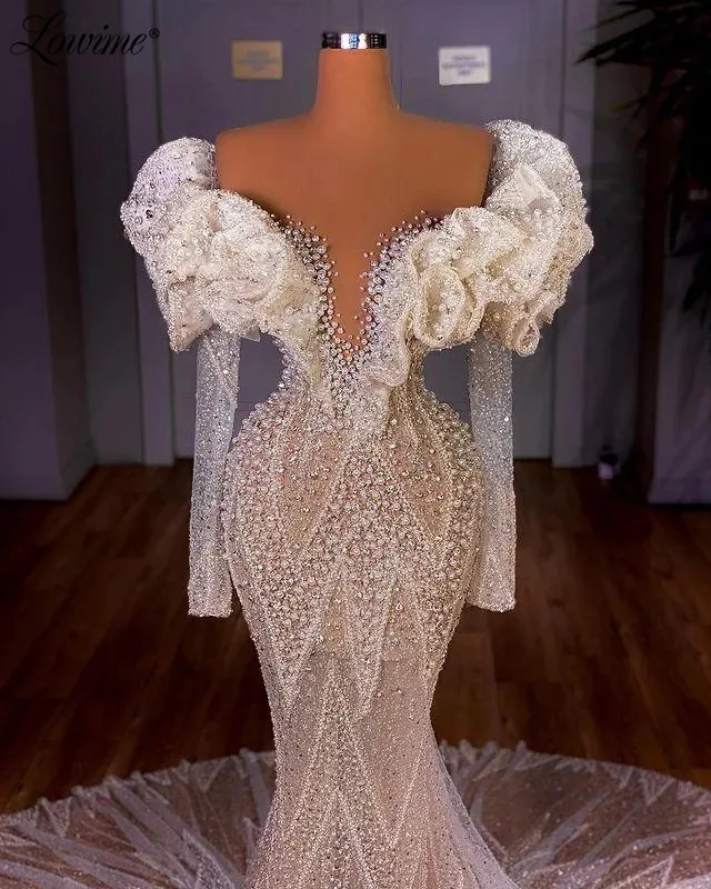 Vestidos de Noche de perlas musulmanas, vestidos largos de fiesta de marfil con cuentas de sirena, vestidos de graduación árabes de Dubái hechos a medida de talla grande, 2021