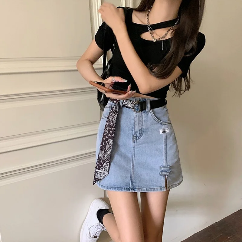 

Womens 2022 New High Waist A-Line Skirt Summer Office Lady Elegant Vintage Split Design Fashion Denim Skirt Korean Style