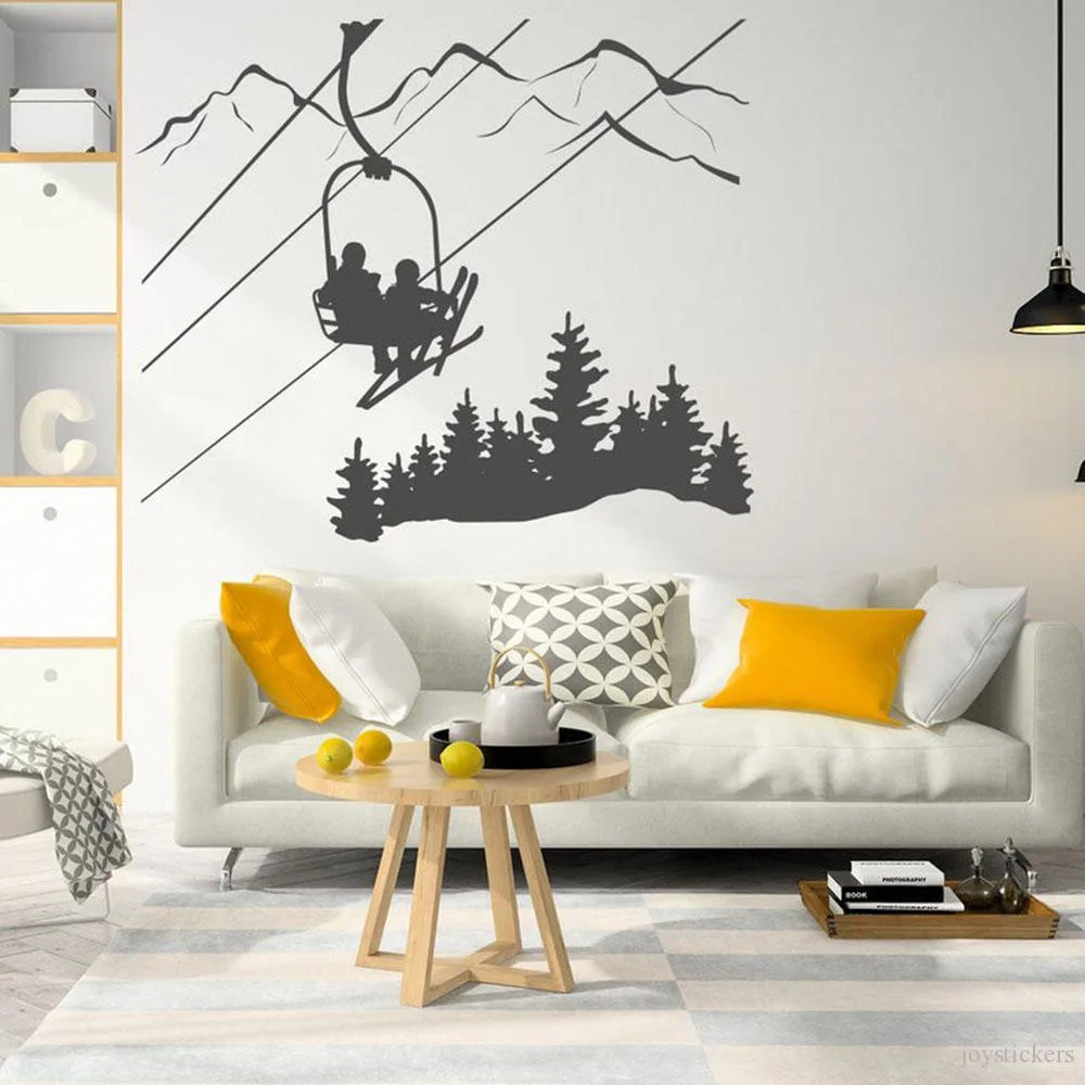 Skiing Wall Decal Living Room Skier Ski Lift Chair Mountain Pine Tree Sticker Winter Sports Vinyl Wall Stickers Home Decor 1271