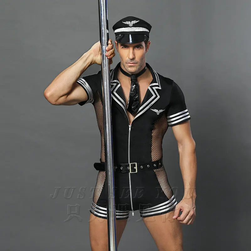 Mens Sexy Lingerie Set Role Play Pilot Uniform Night Club Cosplay Costume Outfit Black