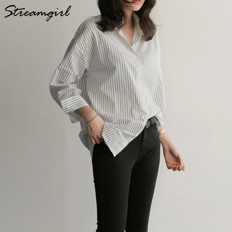 Streamgirl White Striped Shirt For Women 2021 Feminine Blouse Spring Fashion Stripe Office Button Up Shirt Women Long Sleeve