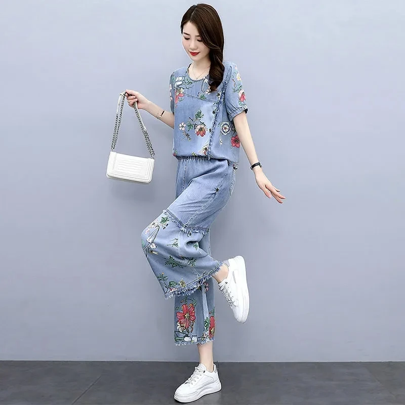 Denim Wide-Leg Pants Women\'s Suit New Casual Short Sleeve Printed Summer Dress Blast The Street Fashion Ethnic Style Two-Piece