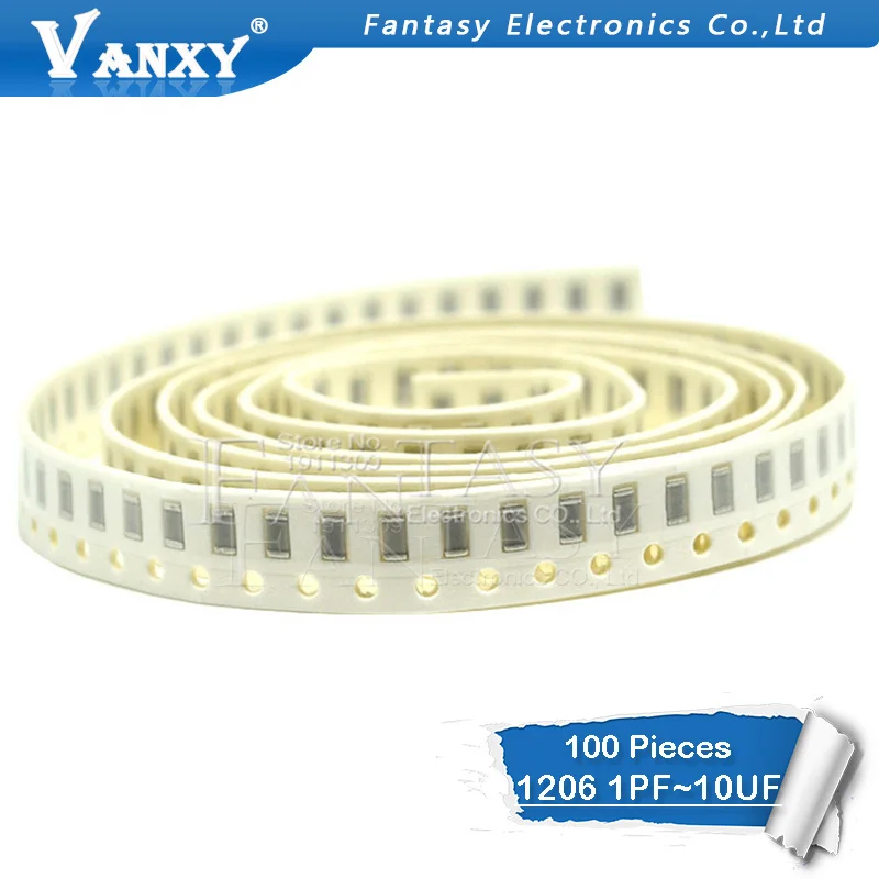 100 sztuk 1206 50V SMD czip z grubą błoną wielowarstwowy kondensator ceramiczny 1pF- 22uF 10NF 100NF 1UF 2.2UF 4.7UF 10UF 22PF