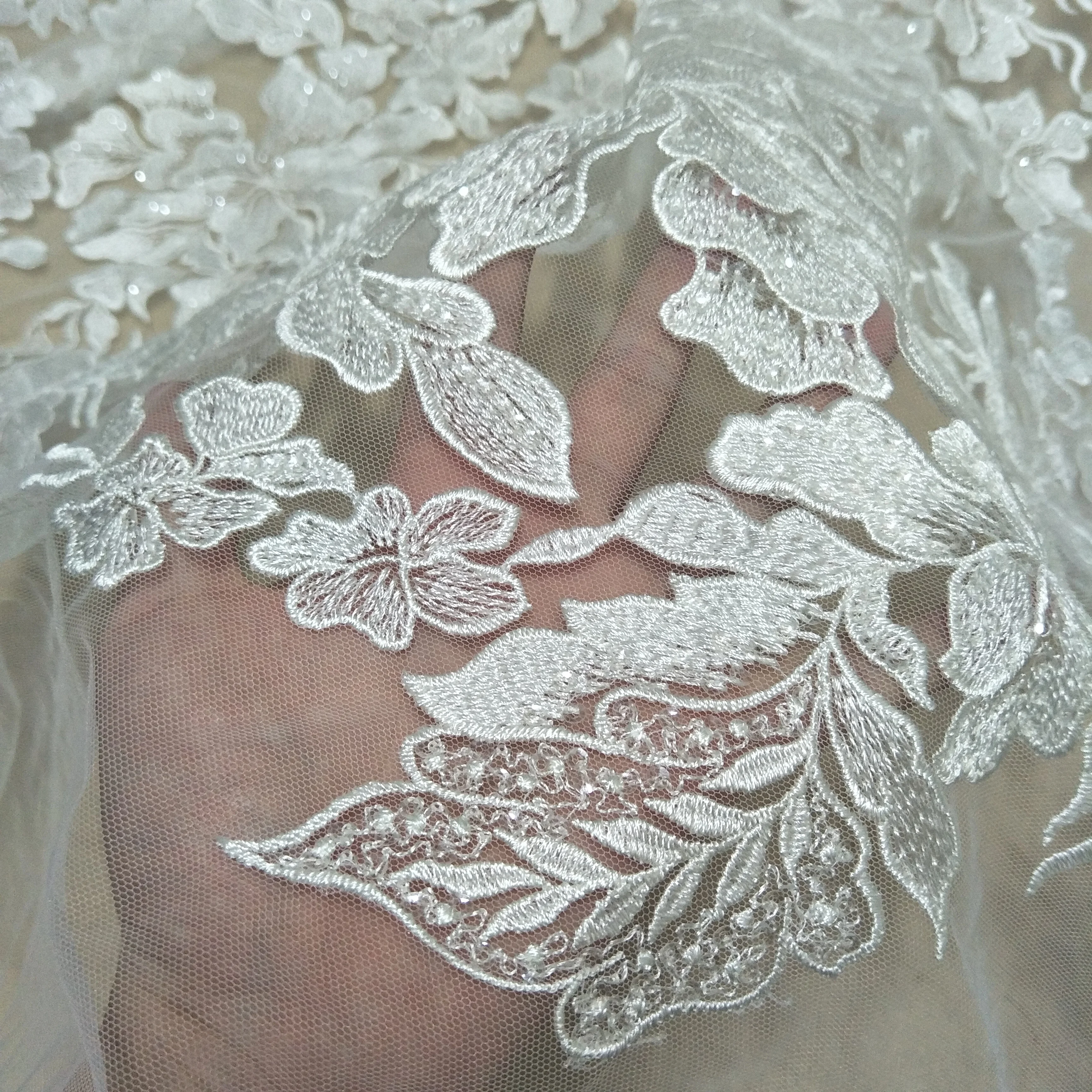 Fashion flower lace fabric with sequins wedding gown dress lace fabric elegant lace fabric sell by yard