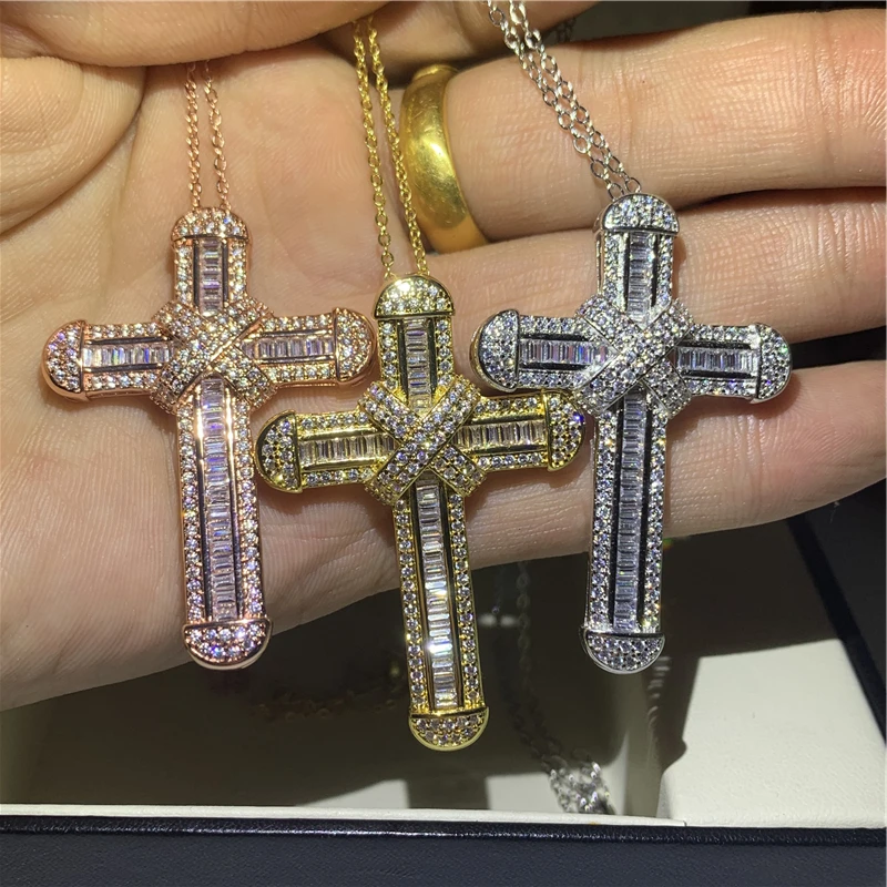 Handmade Long Cross pendant necklace 925 Sterling silver AAAA zircon Cz Party wedding Cross Pendant for women men Hiphop Jewelry