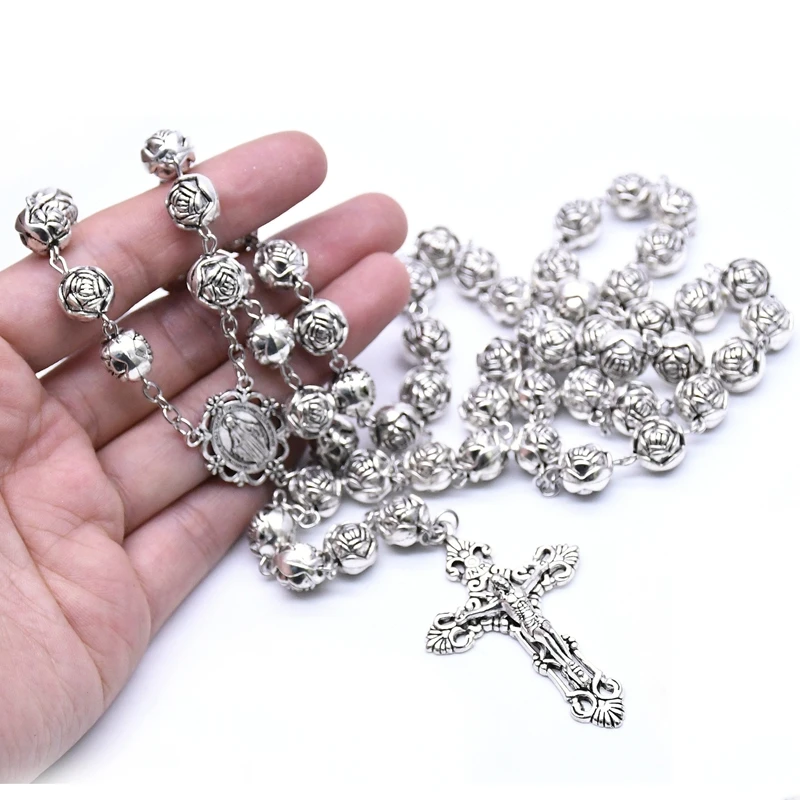 QIGO 10mm Vintage Cross Pendant Plastic Rose Rosary Necklace Catholic Prayer Jewelry Gifts