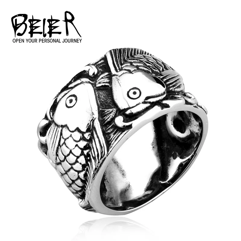 beier home fashion double fish the couple ring stainless steel 3D design good detail gothic simple round jewelry LLBR8-257R