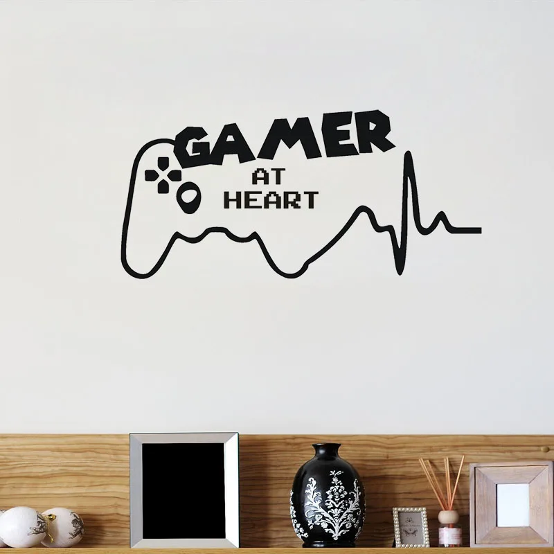 Gamer At Heart Wall Decals Game Room Video Playroom Vinyl Wall Sticker Teens Room Boy Bedroom Removable DIY Home Decor