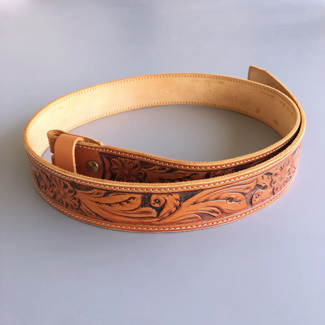 New Light Coffee Hand Crafted Western Flowers Solid Real Leather Belt With Brass Screws BELT1-003LW