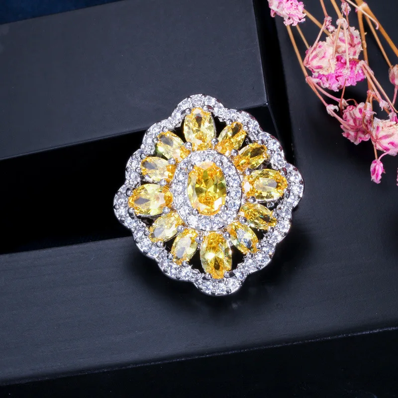 Luxury 925 Sterling Silver Citrine Gemstone Wedding Engagement Diamonds Flower Women Ring Fine Jewelry Wholesale