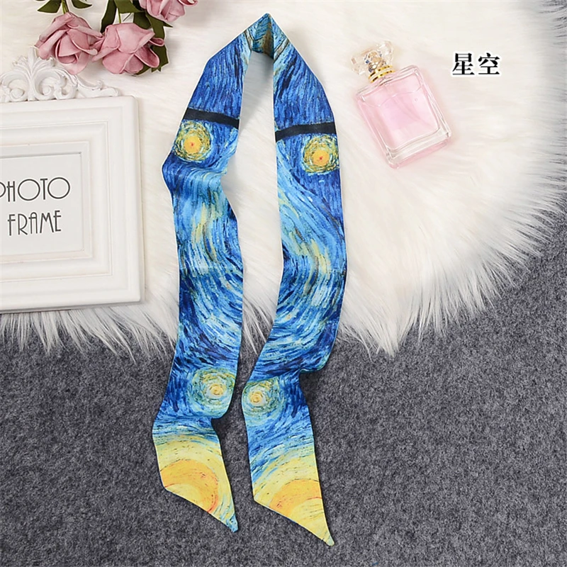 Art abstract Van Gogh series scarf ladies luxury print twill tied bag handle small ribbon fashion long turban headband shawl BS2