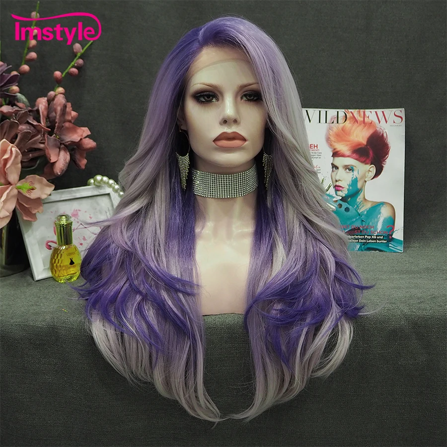 Imstyle Ombre Purple Grey Wig Synthetic Lace Front Wig Two Tone Heat Resistant Fiber Cosplay Straight Wigs For Women Party Wigs