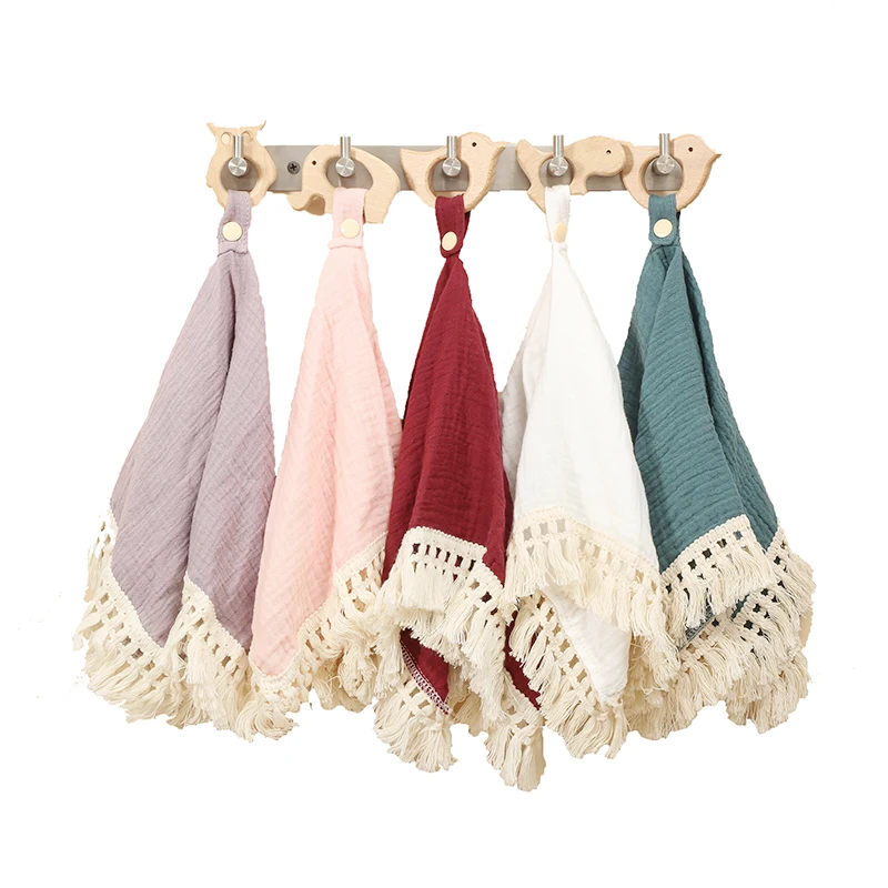 

Baby Cotton Saliva Towel Eco-Friendly Baby Bibs Muslin Cotton Blanket with Fringe Animal Shape Wooden Teether Infant Burp Cloths