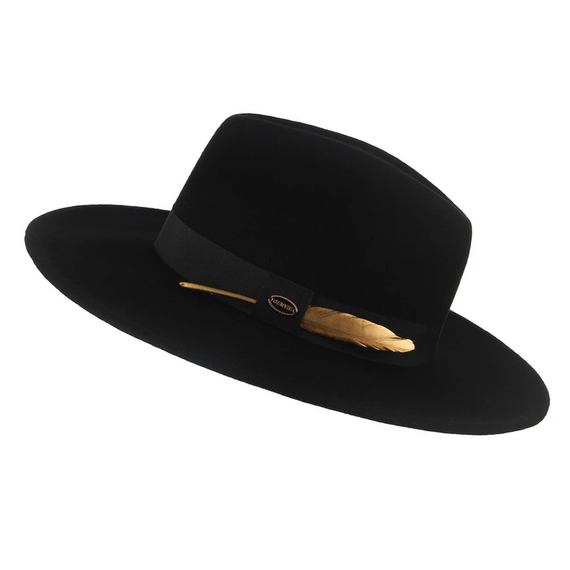 GEMVIE New 100% Wool Felt Hat Cowgirl Hat Wide Brim Fedora For Man/Women Striped Feather Band Autumn Winter Panama Jazz Cap