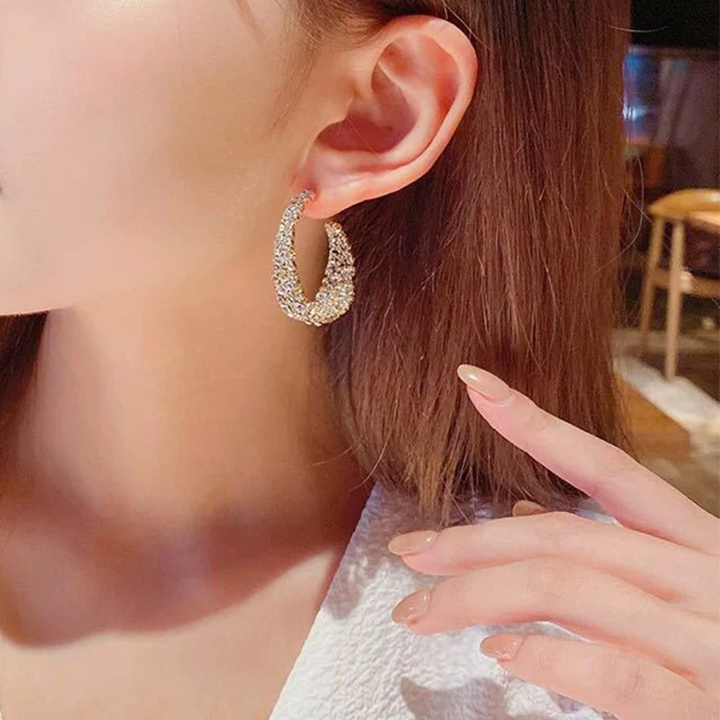 Exquisite Shiny Rhinestone Gold Color Circle Hoop Earrings For Women Temperament Personality Exaggerated Earring Fashion Jewelry