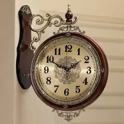 European Art Wall Clock Silent Retro Large Metal Wood Double Sided Wall Clock Zegary Scienne Living Room Home Decor Clock MM60WC
