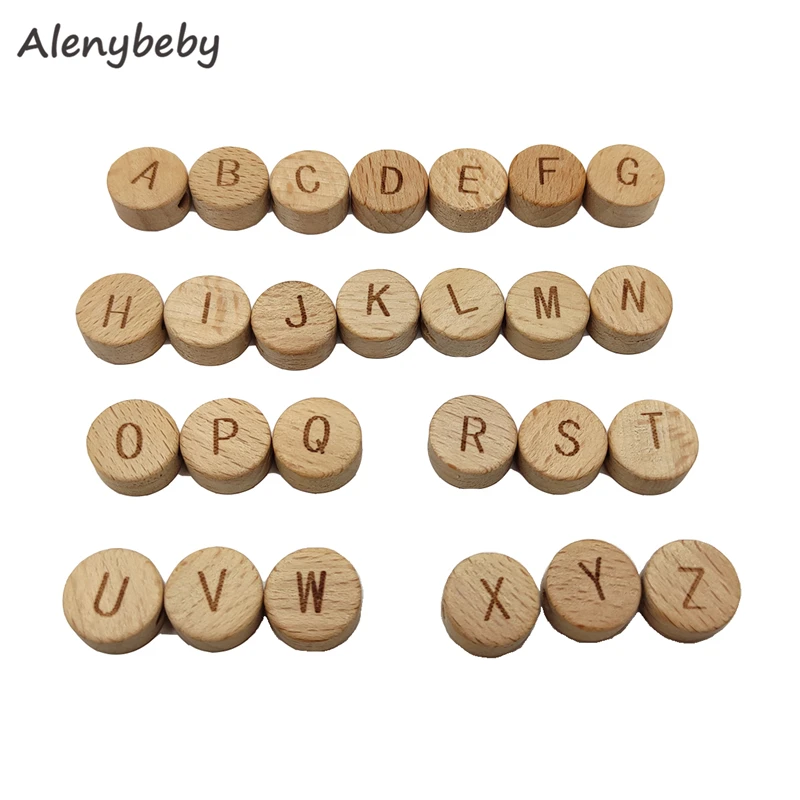 

Oblate Wooden Alphabet Beads Chewable 15mm Letter Loose Bead Unfinished Beech Round Wood chip DIY Teething Accessories for Craft