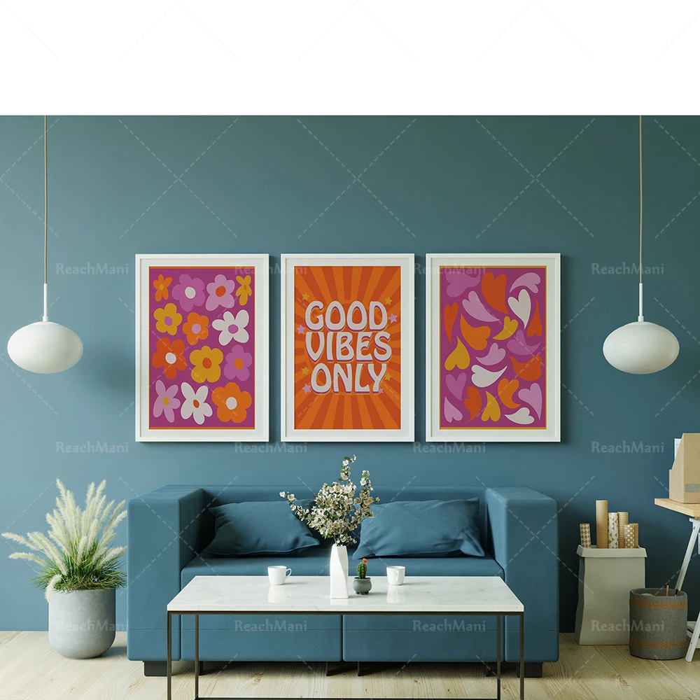 

Good Vibes OnlyGroovy poster, retro wave, psychedelic color hippie decoration, flower heart print art 70s retro poster