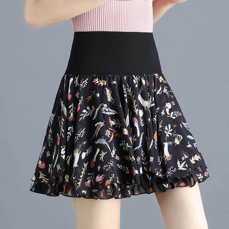 elastic high waist swing floral chiffon black pleated short skirts womens kawaii japanese school girl mini skirt skorts C474