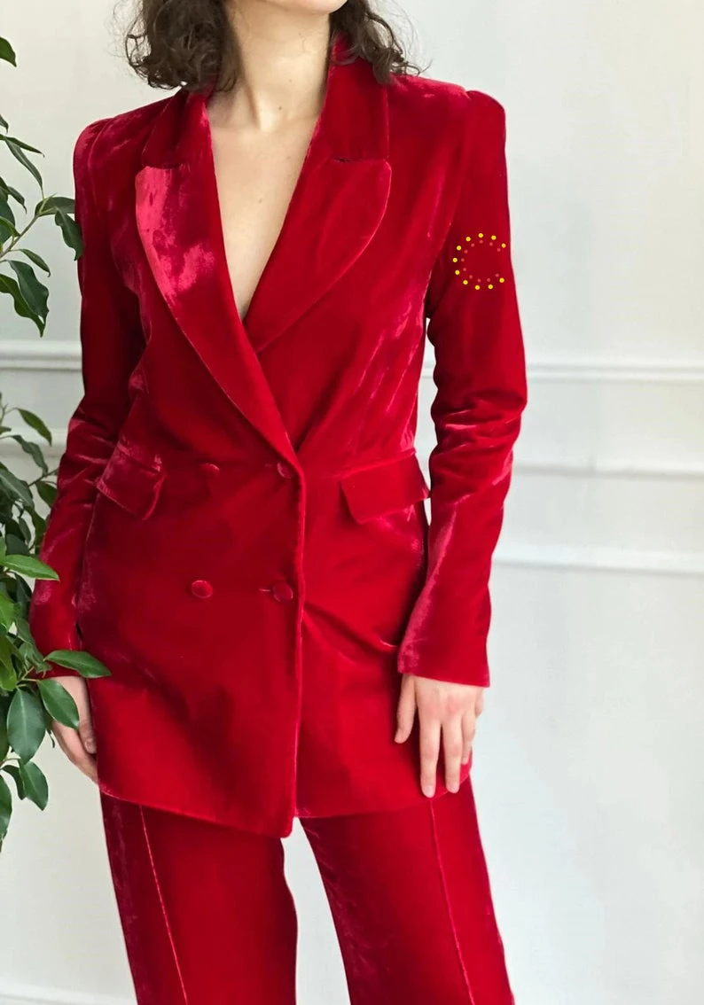 Fashion Velvet Red Women Blazer Suits 2 Pieces Set (Jacket + Pants) Custom Made Double Breasted Wedding Party Office Lady Coat