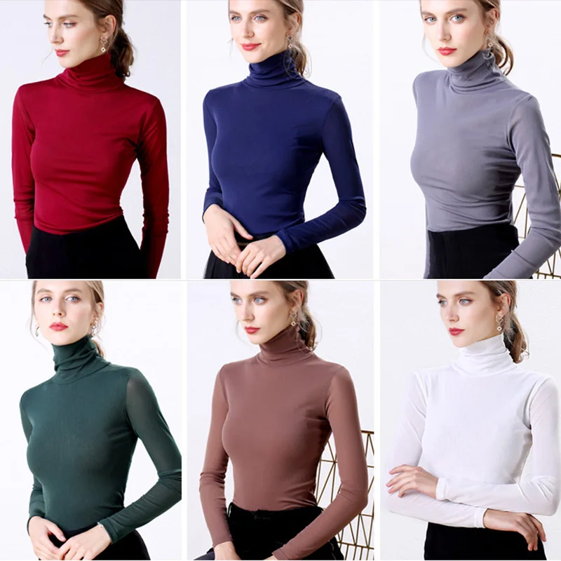 Autumn Sexy Womens Pullover Turtleneck Blouse Shirt Long Sleeve 2019 Elasticity Red Women Casual Shirts Tops New