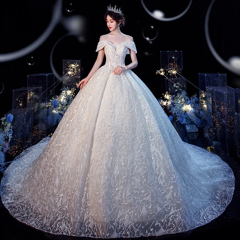 Robe de Mariée Classique en Dentelle avec Col Bateau et Traîne à Balayage, Tenue de Bal à Lacets, Nouveauté 2021