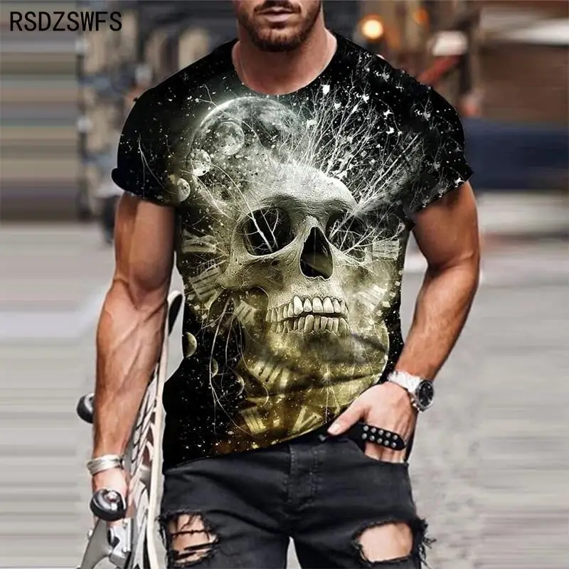 Personality 3D Printing Men\'s T-Shirt Skull Pattern for Men Demon Streetwear Handsome O-Neck Short Sleeves Casual Tshirt Top Tee