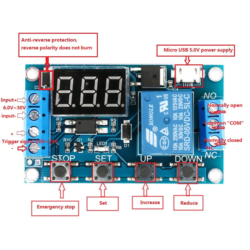 DC 6-30V Support Micro USB 5V LED Display Automation Cycle Delay Timer Control Off Switch Delay Time Relay 6V 9V 12V 24V