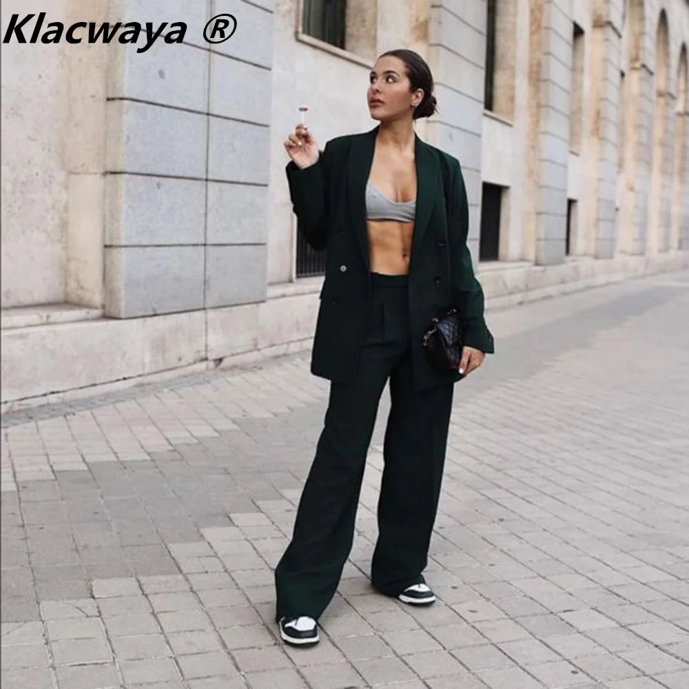 Klacwaya Women Suits Blazer Set Woman 2 Pieces Office Lady Sets Notched Blazers Jacket Zipper Fly Capris Pants Women Office Suit