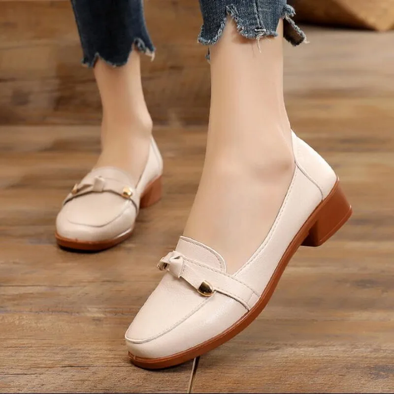 

Spring Women Shoes Slip On Round Toe Flats Soft Sole Thick Heel Shoes Comfortable Mom Loafers