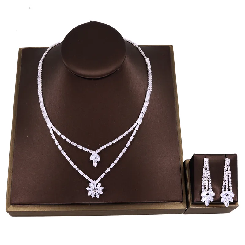 Exquisite Double Pendant Flower Necklace Earring Set For Women Fashion Zircon Bridal Jewelry Wedding Necklace Gift Wholesale