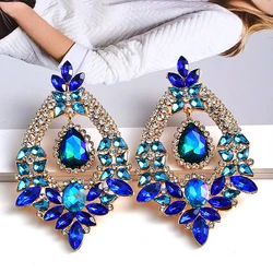 Crystal Big Earrings For Women Flower Pendant Blue Green Statement Earrings Large Rhinestone Earrings Party Jewelry